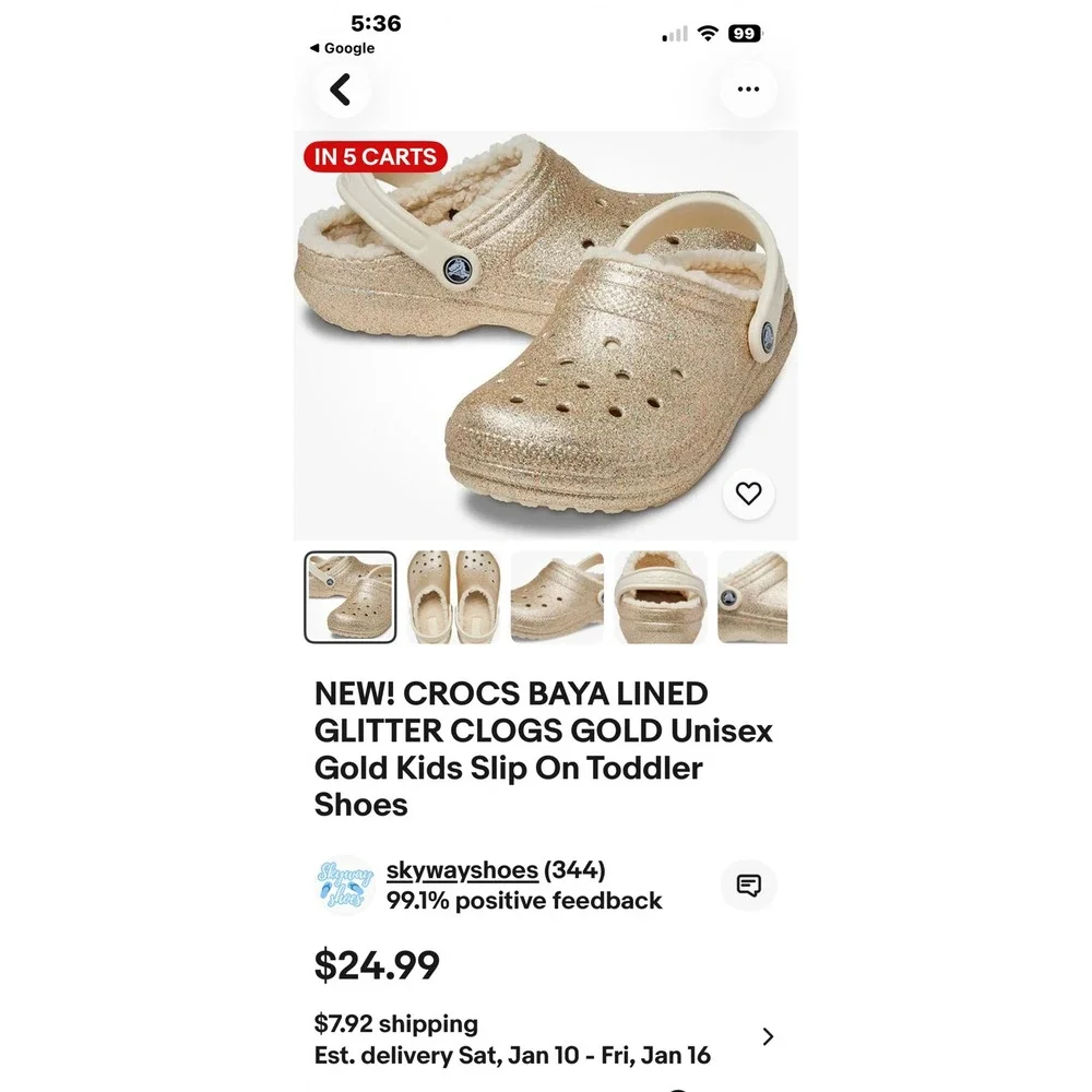 Kids Crocs Baya Lined Glitter‎ Clogs Gold Unisex Toddler Slip On Shoes